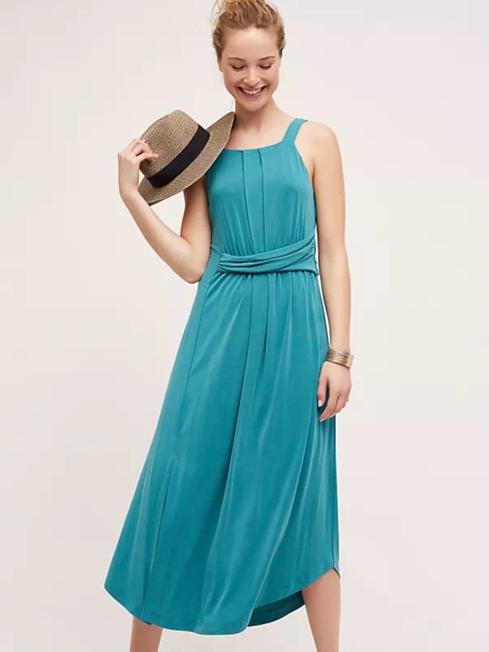 Maeve Anthropologie Teal Pleated Midi Dress Belted Waist soft flowy summer S
